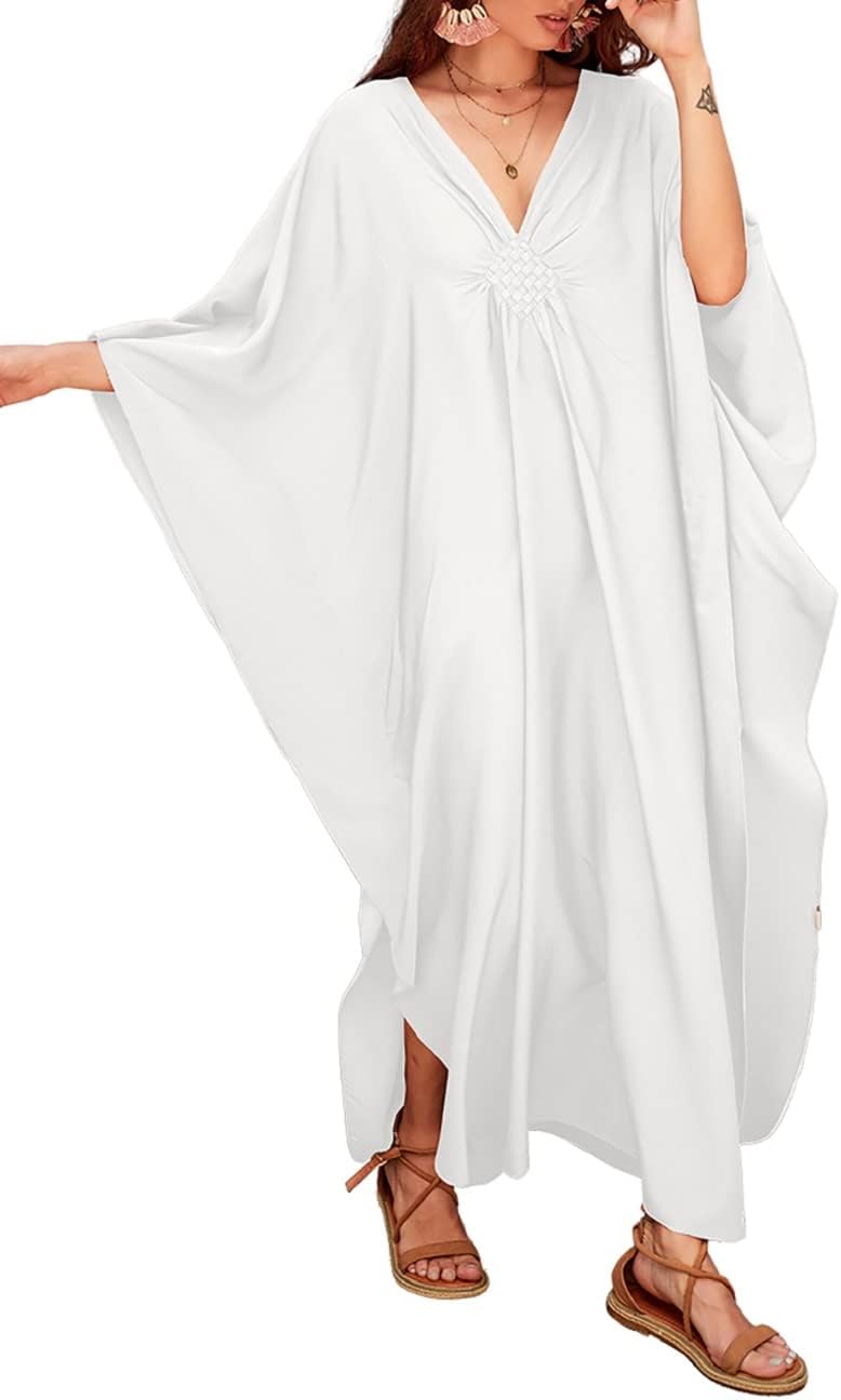 Bsubseach Women Solid Color Cover Up V Neck Batwing Sleeve Plus Size Beach Kaftan Dresses - Image 1